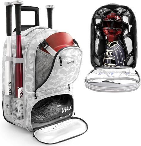 Rolling Baseball Backpack with Off-road Wheels, Wheeled Catchers Gear Bag for Baseball Equipment, 4 Bats, Large Softball Bag for TBall, Helmet & Accessories with Fence Hook in Kuwait