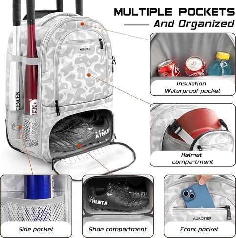 Rolling Baseball Backpack with Off-road Wheels, Wheeled Catchers Gear Bag for Baseball Equipment, 4 Bats, Large Softball Bag for TBall, Helmet & Accessories with Fence Hook in Kuwait