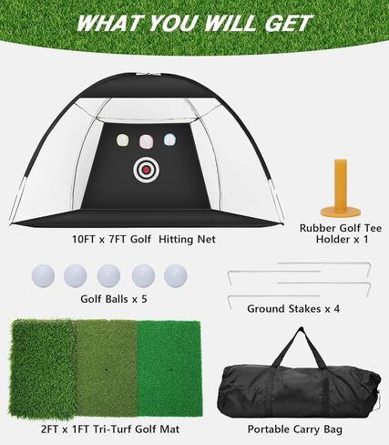 Golf Net, 10x7ft Golf Practice Net with Tri-Turf Golf Mat, All in 1 Home Golf Hitting Aid Nets for Backyard Driving Chipping Swing Training with Target/Mat/Balls/Tee/Bag - Gift for Men/Golf Lovers in Kuwait