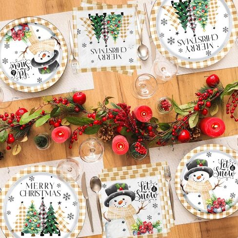 Christmas Paper Plates and Napkins Christmas Plates Disposable Dinnerware Set Buffalo Plaid Merry Christmas Tree Dinner Plates for Xmas Party Decorations Holiday Party Supplies (Black) in Saudi Arabia