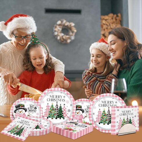 Christmas Paper Plates and Napkins Christmas Plates Disposable Dinnerware Set Buffalo Plaid Merry Christmas Tree Dinner Plates for Xmas Party Decorations Holiday Party Supplies (Black) in Saudi Arabia