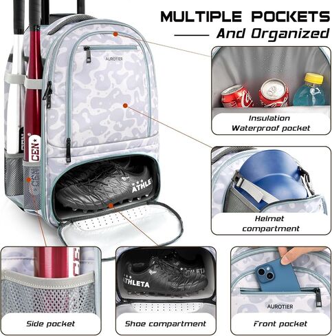 Rolling Baseball Backpack with Off-road Wheels, Wheeled Catchers Gear Bag for Baseball Equipment, 4 Bats, Large Softball Bag for TBall, Helmet & Accessories with Fence Hook in Kuwait