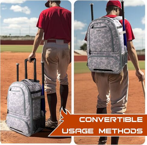 Rolling Baseball Backpack with Off-road Wheels, Wheeled Catchers Gear Bag for Baseball Equipment, 4 Bats, Large Softball Bag for TBall, Helmet & Accessories with Fence Hook in Kuwait