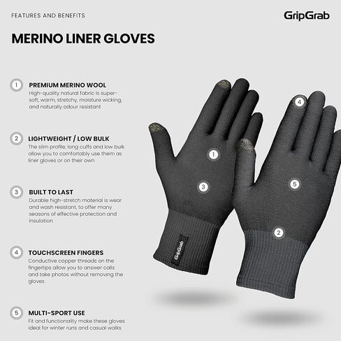 GripGrab Merino-Wool Thermal Full Finger Liner Gloves Touchscreen-Compatible Knitted Inner Under Cycling Everyday-Life in Saudi Arabia
