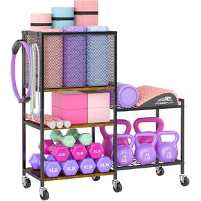 5 Tier Dumbbell Rack, Yoga Mat Storage Rack, Home Gym Storage Rack, Workout Equipment Storage Organizer, Weight Storage Holder Rack with Hooks and Wheels