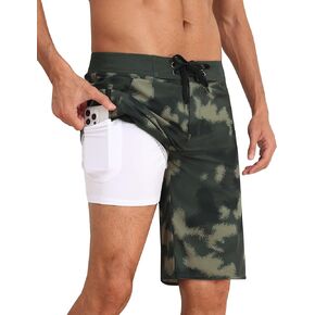 Nonwe Men's Swimming Trunks with Boxer Brief Liner Quick Dry Stretch Long Beach Shorts Camo Green 36