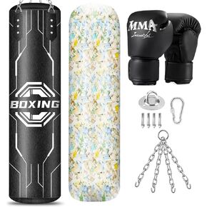 Filled Punching Bag for Adults, 4FT PU Leather Hanging Boxing Bag with 11lb Sponge Filler & 12OZ Boxing Gloves, Heavy Kicking Bag Boxing Equipment for MMA Training Karate Kickboxing