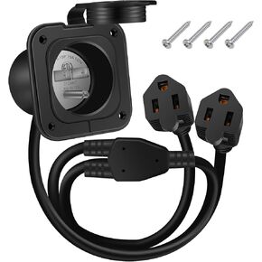 Gerguirry 15 Amp 125 Volt AC RV Shore Power Inlet Port Plug with Integrated 18" Dual Cord NEMA 5-15P RV Flanged Inlet Male Receptacle with Waterproof Cover for Boat Shed Block Heater