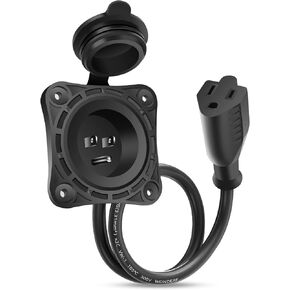 1 Pack 15 Amp RV Shore Power Inlet Socket,125V AC Port RV Plug Receptacles 18" NEMA 5-15 Integrated Extension Cord Waterproof Outlet Electrical Receptacle for RV Campers,Boat,Truck,Marine