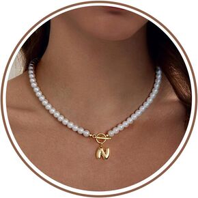 Pearl Necklaces for Women, Bubble Initial Necklace Gold Teen Girl Gifts Dainty Pearl Choker Necklace Letter A-Z Anniversary Birthday Gifts for Wife Stocking Stufffers for Teens Christmas Jewelry