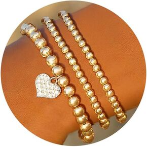 DMFUIAU 8PCS Gold Beaded Bracelets for Women, 14K Gold Plated Bead Ball Heart Pendant Bracelets, Stackable Stretch Bead Ball Bracelet Diamond Pendant Gold Bead Wide 3MM/4MM/5MM/6MM