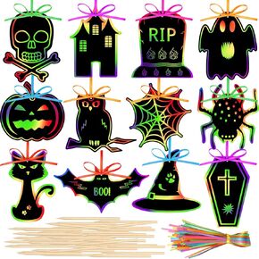 Qilery 120 Pcs Halloween Craft Scratch Pumpkins Rainbow Black Scratch Paper Off Cards Fun for Halloween Party DIY Ornaments Birthday Game with Tool(Pumpkins)