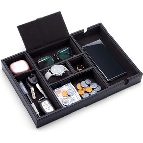 Valet Tray for Men - Nightstand Mens Valet Tray with 7 Compartments, Faux Leather Valet Tray for Men, Catchall EDC Trays Mens Dresser Top Organizer for Glasses, Phone, Keys, Wallet, Brown