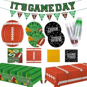 Football Party Supplies Kit for 24 Guests - Includes Large 12.5in Plates, Dessert Plates, Napkins, Cups, Banner and Touchdown Tablecloth - for Football Birthday and Tailgate Party Decorations