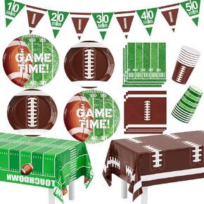 Football Party Decorations Super Bowl Party Decoration Set Includes Dinner Plates, Dessert Plates, Napkins, Cups, Banner and Football Tablecloth for Football Themed Party Decorations, Serve 24
