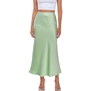 Women's Silk Satin Maxi Skirts High Waist Elastic Pull-On A Line Fishtail Long Skirt