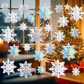 OuMuaMua 15pcs Winter Christmas Hanging Snowflake Decorations, 3D Holographic Snowflakes for Christmas Winter Wonderland Decorations Frozen Birthday New Year Party Home Decorations