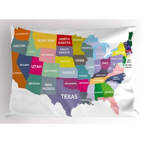 Ambesonne Map Pillow Sham, USA Map with Name of States in America Geography Cartography Theme, Decorative Standard King Size Printed Pillowcase, 36" X 20", Red Yellow