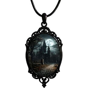 Gothic Raven Castle Pendant Necklace,Vintage Cameo Glass Pendant Necklace Punk Style Victorian Choker Necklace Goth Raven Cabochon Choker Mystic Witch Halloween Jewelry for Women