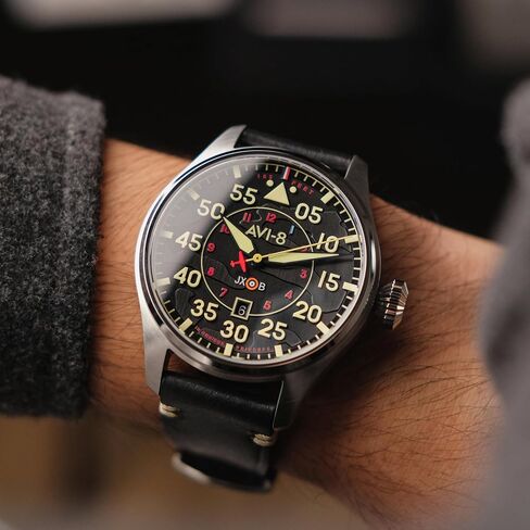 AVI-8 Mens 46mm Hawker Hurricane Clowes Automatic Pilot Watch with Genuine Leather Strap AV-4097 in Kuwait