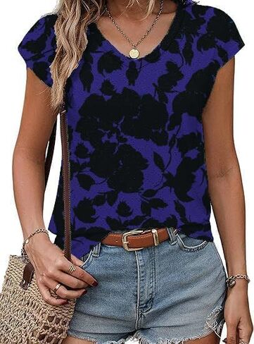 Zeagoo 2024 Women's Tank Top V Neck Eyelet T Shirts Cap Sleeve Tops Loose Fit Blouses Dressy Casual Summer Basic Shirts in Kuwait