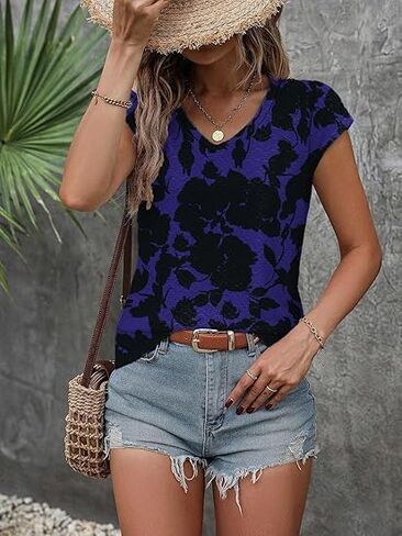 Zeagoo 2024 Women's Tank Top V Neck Eyelet T Shirts Cap Sleeve Tops Loose Fit Blouses Dressy Casual Summer Basic Shirts in Kuwait