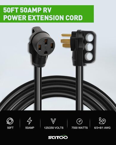 SCITOO RV Extension Cord 50 Amp 50 FT Black, Heavy Duty 6AWG3C 8AWG1C with Grip Handle NEMA 14-50P Male Plug and NEMA 14-50R Female Receptacle for RV Trailer Campers Caravan, ETL/CETL Listed in Saudi Arabia
