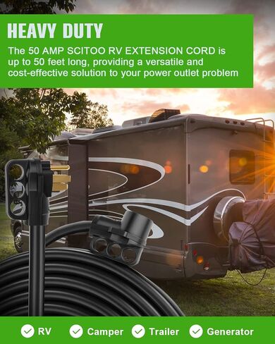 SCITOO RV Extension Cord 50 Amp 50 FT Black, Heavy Duty 6AWG3C 8AWG1C with Grip Handle NEMA 14-50P Male Plug and NEMA 14-50R Female Receptacle for RV Trailer Campers Caravan, ETL/CETL Listed in Saudi Arabia