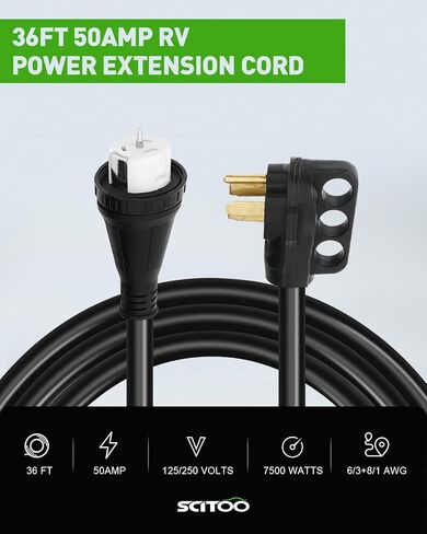 SCITOO RV Extension Cord 50 Amp 50 FT Black, Heavy Duty 6AWG3C 8AWG1C with Grip Handle NEMA 14-50P Male Plug and NEMA 14-50R Female Receptacle for RV Trailer Campers Caravan, ETL/CETL Listed in Saudi Arabia