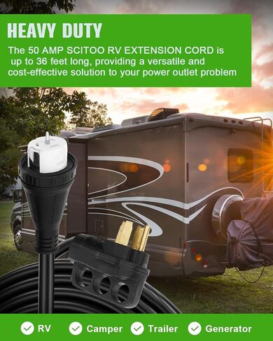 SCITOO RV Extension Cord 50 Amp 50 FT Black, Heavy Duty 6AWG3C 8AWG1C with Grip Handle NEMA 14-50P Male Plug and NEMA 14-50R Female Receptacle for RV Trailer Campers Caravan, ETL/CETL Listed in Saudi Arabia