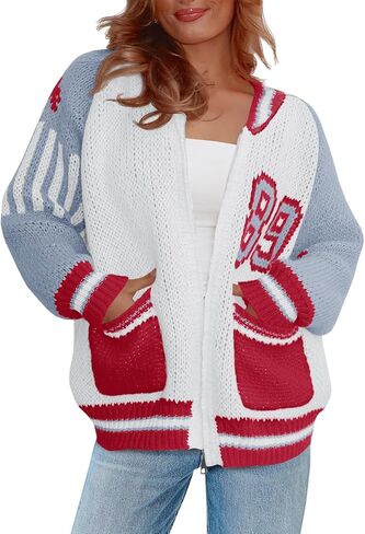 Saodimallsu Womens Bomber Varsity Sweater Jackets Vintage Zip Up Long Sleeve Loose Knitted Baseball Cardigans in Saudi Arabia