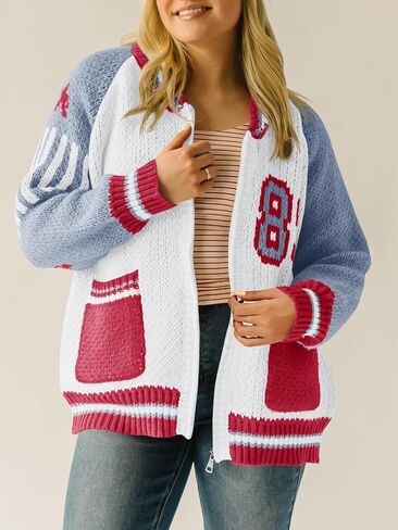 Saodimallsu Womens Bomber Varsity Sweater Jackets Vintage Zip Up Long Sleeve Loose Knitted Baseball Cardigans in Saudi Arabia