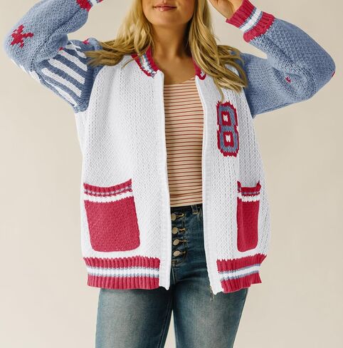 Saodimallsu Womens Bomber Varsity Sweater Jackets Vintage Zip Up Long Sleeve Loose Knitted Baseball Cardigans in Saudi Arabia