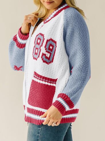Saodimallsu Womens Bomber Varsity Sweater Jackets Vintage Zip Up Long Sleeve Loose Knitted Baseball Cardigans in Saudi Arabia