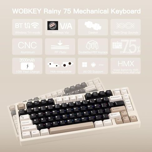 KEEBMONKEY WOBKEY Rainy 75 CNC الألومنيوم HMX/JWK/Cocoa Switches لوحة مفاتيح ميكانيكية ثلاثية الوضع مع صوتيات فائقة، RGB/FR4/Silver SUS304/7000mAh/Cocoa Switch (Pro - أسود) in Kuwait