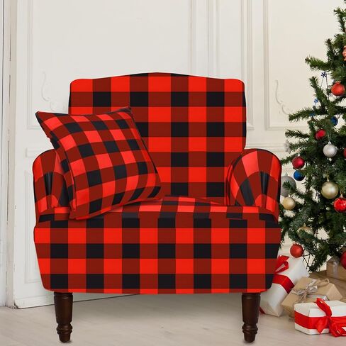 Buffalo Plaid Sofa Cover Valentine's Day Elastic Couch Cover Check Couch Cover with Throw Pillow Covers Sofa Slipcover for Valentines Decor Living Room Car Bed Sofa(Black, White, 1 Seat) in Saudi Arabia
