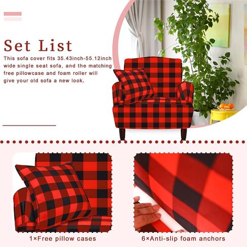 Buffalo Plaid Sofa Cover Valentine's Day Elastic Couch Cover Check Couch Cover with Throw Pillow Covers Sofa Slipcover for Valentines Decor Living Room Car Bed Sofa(Black, White, 1 Seat) in Saudi Arabia