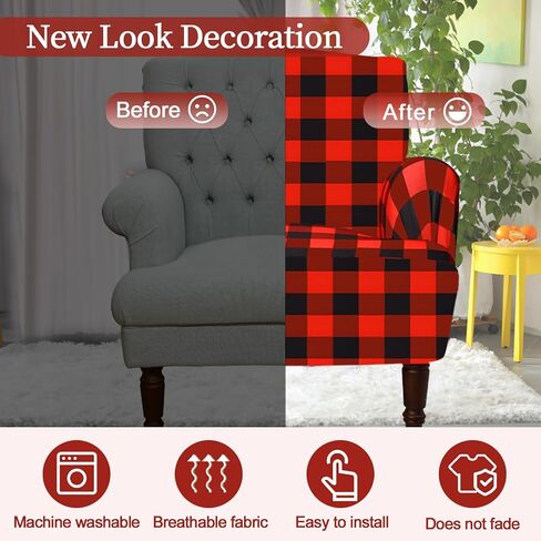 Buffalo Plaid Sofa Cover Valentine's Day Elastic Couch Cover Check Couch Cover with Throw Pillow Covers Sofa Slipcover for Valentines Decor Living Room Car Bed Sofa(Black, White, 1 Seat) in Saudi Arabia