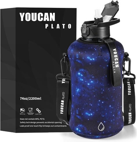 YOUCAN PLATO 74 oz Half Gallon Water Bottle with Sleeve-Large Water Bottle -Big Gym Water Bottle with Straw- Gallon Water Jug with Handle and Bottle Brush-BPA Free- Leakproof, workout bottle,Black in Saudi Arabia