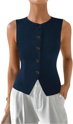 Milumia Women's Button Front Crew Neck Casual Business Sleeveless Blazer Vest in Saudi Arabia