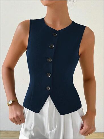 Milumia Women's Button Front Crew Neck Casual Business Sleeveless Blazer Vest in Saudi Arabia