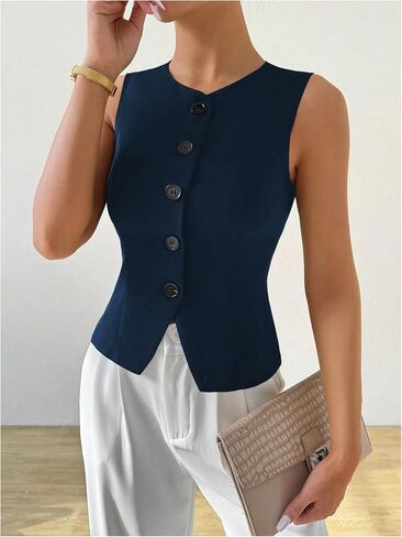 Milumia Women's Button Front Crew Neck Casual Business Sleeveless Blazer Vest in Saudi Arabia