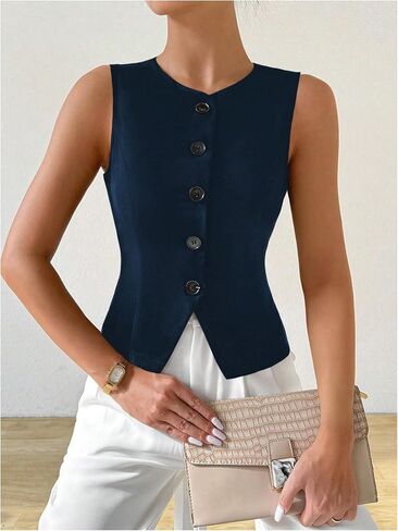 Milumia Women's Button Front Crew Neck Casual Business Sleeveless Blazer Vest in Saudi Arabia