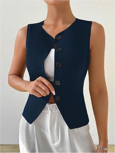 Milumia Women's Button Front Crew Neck Casual Business Sleeveless Blazer Vest in Saudi Arabia