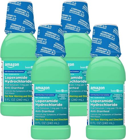 Amazon Basic Care Loperamide Hydrochloride Oral Solution, 1 mg per 7.5 ml, Anti-Diarrheal Medicine, Anti-Diarrhea Medicine for Kids and Adults 12 Years and Over, Mint, 8 fl oz (Pack of 4) in Saudi Arabia