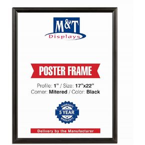 M&T Displays Snap Poster Frame 17x22 Inch Black 1" Aluminum Profile Front Loading Wall Mounting Photo Picture Document Certificate Sign Holder Mitered Corner Anti Glare Cover (2 pack)