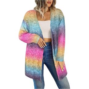 MakeMeChic Women's Plus Size Rainbow Knit Open Front Crochet Cardigan Long Sleeve Colorful Sweater Cardigans