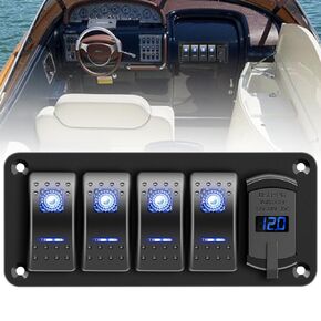 4 Gang IP68 Waterproof Boat Rocker Switch Panel DC 12-24V LED Digital Voltmeter + Dual USB (QC 3.0 & Type-C) Fast Charging Pre-Wired Toggle Switch Panel for RV Car Marine Boat Truck (Blue)