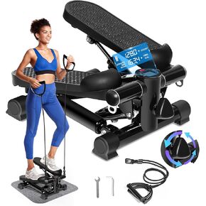 Mini Steppers for Exercise at Home - Mini Stair Stepper with 330 lbs Load Capacity, Resistance Bands, Non-Slip Mat - Adjustable Height Hydraulic Stepper with LCD to Monitor Steps & Time