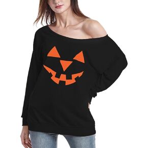 Jack O' Lantern Pumpkin Face Ladies' T-Shirt Halloween Costume Fun Sweatshirt Off Shoulde